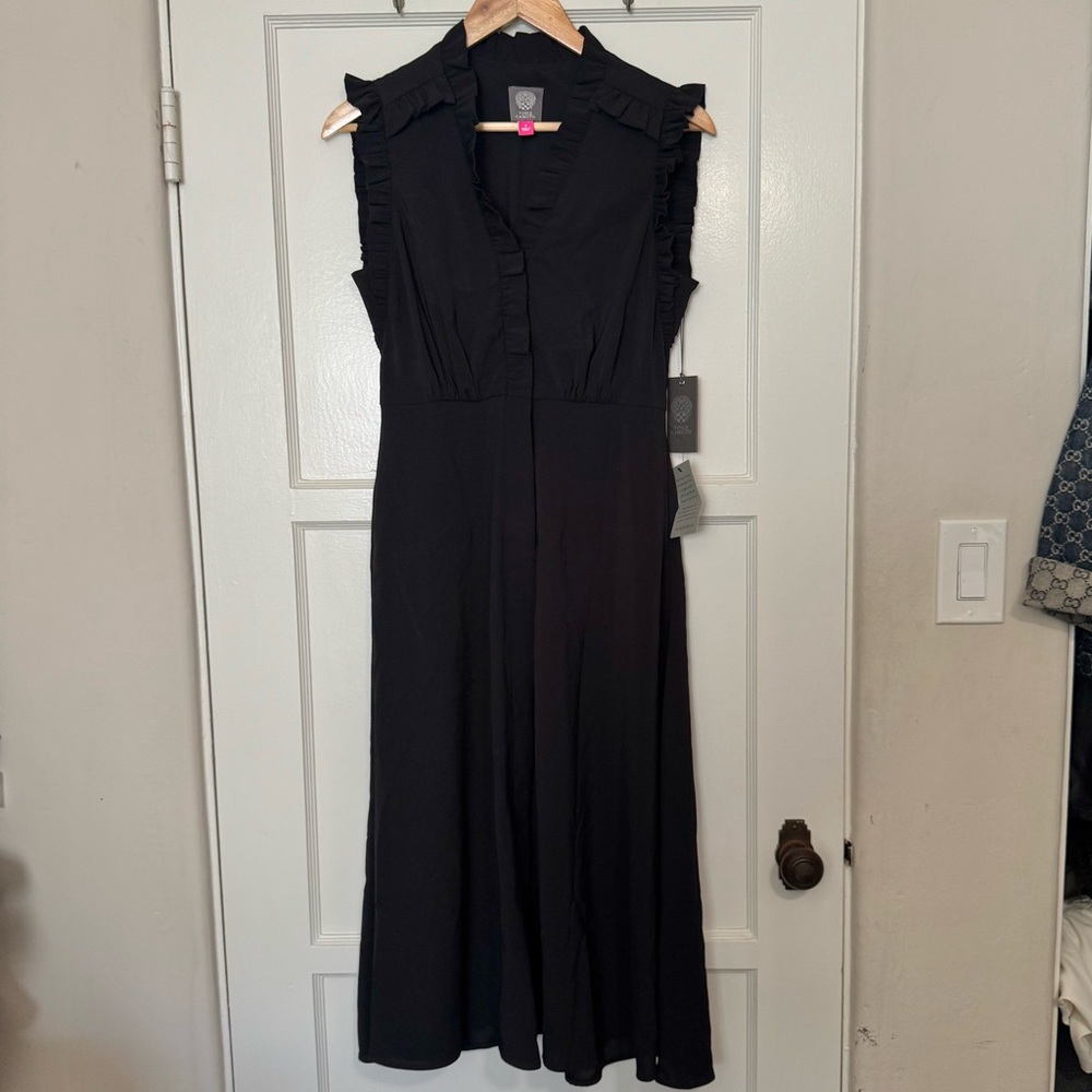 NWT Vince Camuto Chiffon Ruffle Midi Black Sleeveless Dress - Women 4 Small
